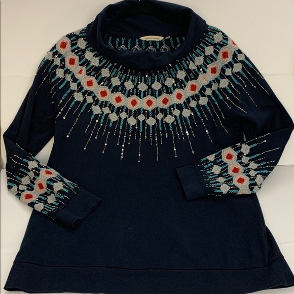 Soft Surroundings Dahlia Fair Isle Sweatshirt Blue Embroidered Beaded Sz M - Picture 7 of 10